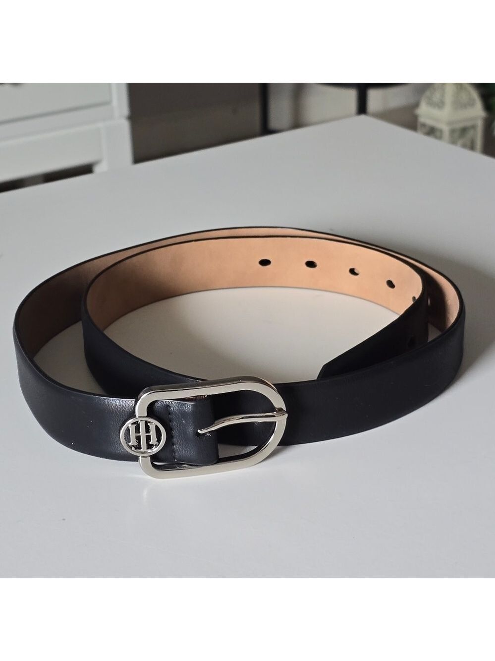 Tommy Hilfiger Black Faux Leather Belt with Silver Buckle